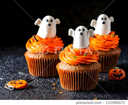 Cute Halloween Ghost Cupcakes with Pumpkins and Candy Corn 131906072