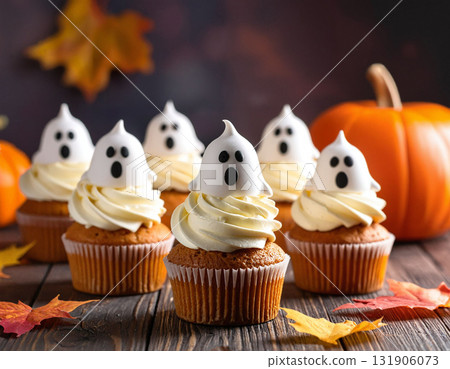 Cute Halloween Ghost Cupcakes with Pumpkins and Candy Corn Cute Halloween Ghost Cupcakes with Pumpkins and Candy Corn 131906073