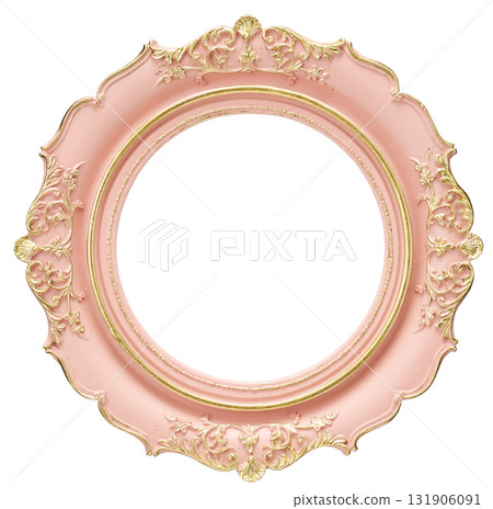 Pink round antique decorative picture frame with gold decoration on white background 131906091
