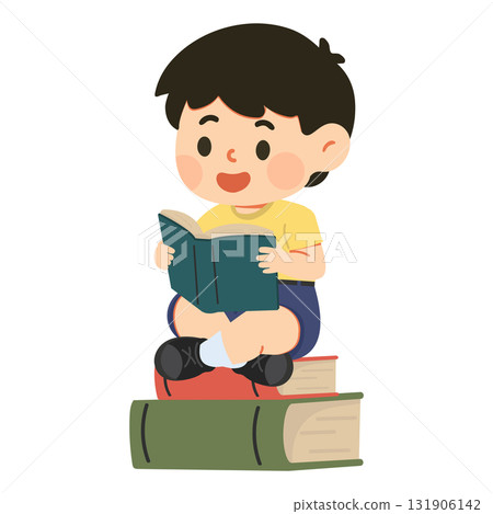 Cartoon Boy Reading Book on Stack of Books 131906142