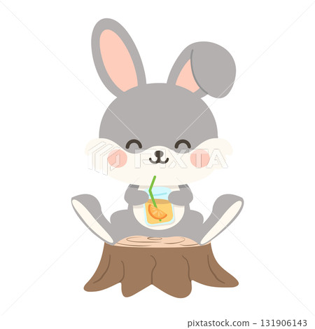 Cartoon Bunny Drinking Juice on Tree Stump 131906143