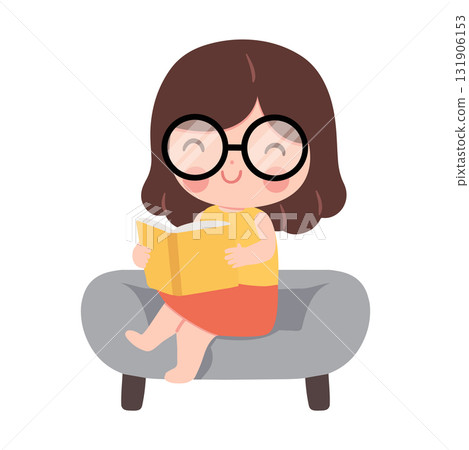 Illustration of Girl Reading Book on Couch 131906153