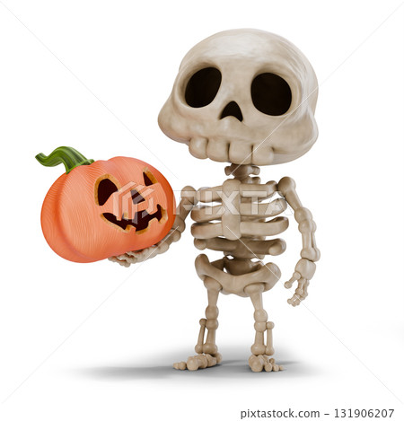 Cute skeleton holding carved pumpkin head 3D 131906207
