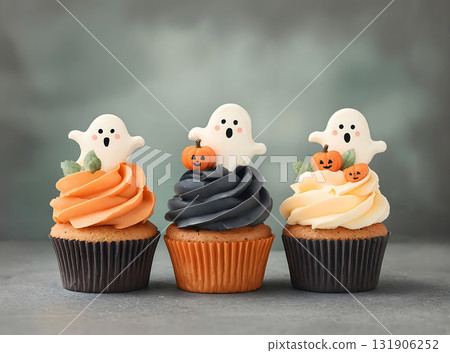 Cute Halloween Ghost Cupcakes with Pumpkins and Candy Corn Cute Halloween Ghost Cupcakes with Pumpkins and Candy Corn 131906252