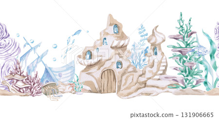 A seamless border featuring an underwater castle. An isolated watercolor illustration of the underwater world for decorating children's interiors, playrooms, and themed parties. 131906665