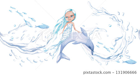 A seamless border featuring a mermaid and a dolphin on the waves. Isolated watercolor illustrations of fairytale characters for decorating children's interiors, playrooms, and themed parties. 131906666