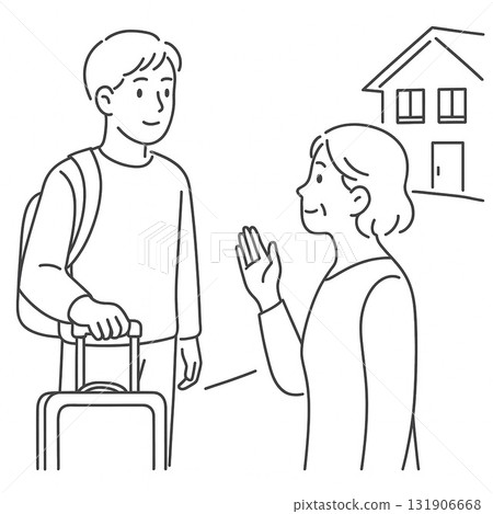 一位母親在家門前送別兒子的線條畫 131906668