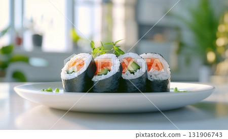 Gimbap Korean traditional food rice, seafood with vegetable wrapped by seaweed on plate 131906743