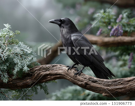 Close-up of a Black Raven in Winter Snow 131906773