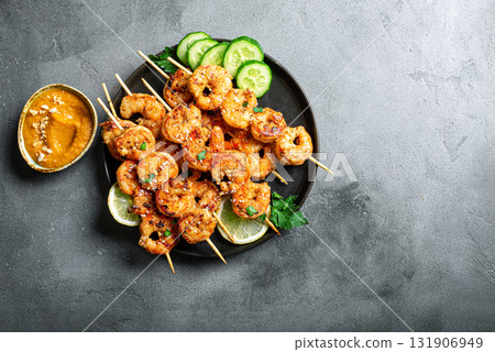 Grilled shimp prawn satay with peanut sauce 131906949
