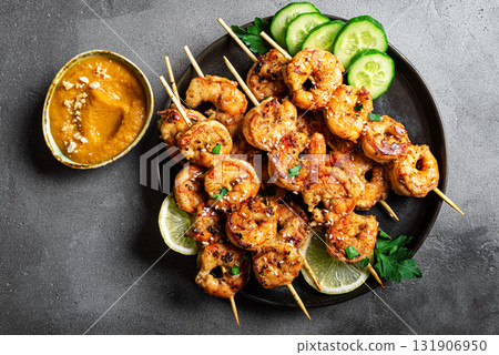 Grilled shimp prawn satay with peanut sauce 131906950