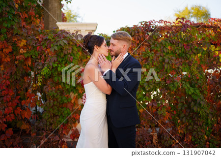 Beautiful and in love bride and groom against the background of autumn foliage. Beautiful and in love bride and groom against the background of autumn foliage. 131907042
