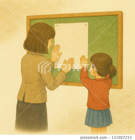 老師和女孩在黑板上佈置海報 老師和女孩在黑板上佈置海報 131907253