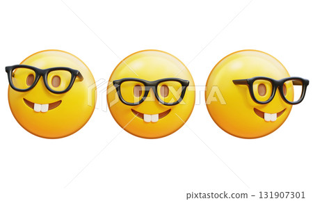 Three Goofy Nerdy Emoji with Glasses and Buck Teeth 3D Graphic Three Goofy Nerdy Emoji with Glasses and Buck Teeth 3D Graphic 131907301