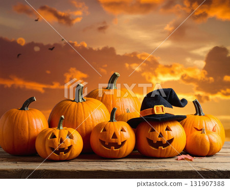 Cute Halloween Figurines with Glowing Pumpkin Cute Halloween Figurines with Glowing Pumpkin 131907388