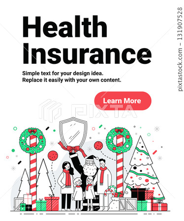 Santa Christmas family health insurance festive scene shield protection winter holiday tree gifts wreaths people standing website banner 131907528