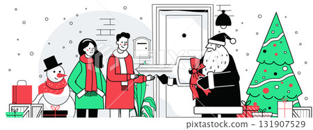 Santa Claus Christmas delivery scene family receiving gifts festive snowman decorated tree colorful presents winter outdoor celebration website banner Santa Claus Christmas delivery scene family receiving gifts festive snowman decorated tree colorful presents winter outdoor celebration website banner 131907529
