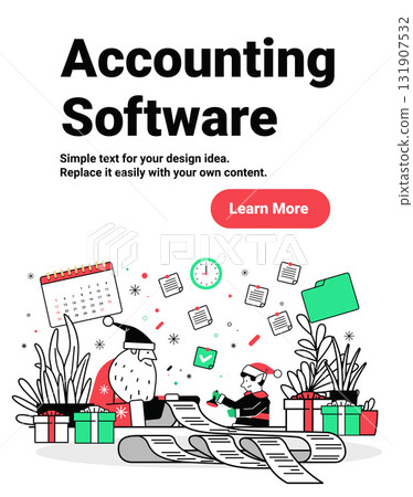 Santa Claus accounting Christmas office elf paperwork gifts calendar clock plants festive workspace documents modern website banner Santa Claus accounting Christmas office elf paperwork gifts calendar clock plants festive workspace documents modern website banner 131907532