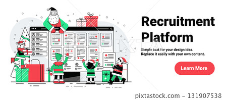 Santa Christmas recruitment platform elves teamwork gifts digital dashboard festive tree holiday website banner template 131907538