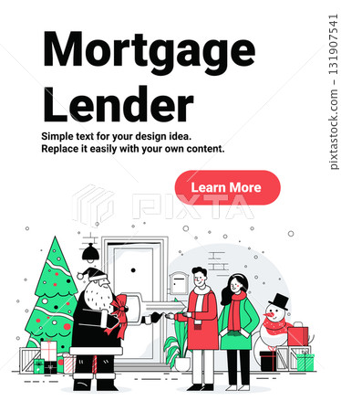 Santa Christmas new home celebration couple receiving key festive winter scene decorated tree snowman gift boxes doorway website banner Santa Christmas new home celebration couple receiving key festive winter scene decorated tree snowman gift boxes doorway website banner 131907541