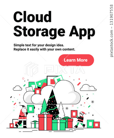 Santa Christmas cloud storage app concept festive scene with Santa and elf carrying digital files giant cloud Christmas tree gifts snowflakes flat website banner 131907558