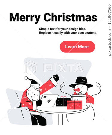 Santa Merry Christmas celebration snowman gifts laptop festive scene modern flat banner 131907560