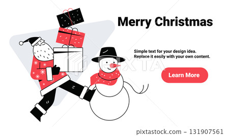 Santa Merry Christmas snowman gifts festive scene flat cartoon character holding present with snowman red black white background website banner Santa Merry Christmas snowman gifts festive scene flat cartoon character holding present with snowman red black white background website banner 131907561