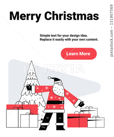 Santa Merry Christmas celebration gifts tree modern flat style red white black minimalist holiday scene website banner 131907569