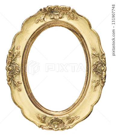 Oval antique gold picture frame with floral decoration on white background 131907748