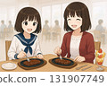 姊妹們在餐廳吃牛排 131907749