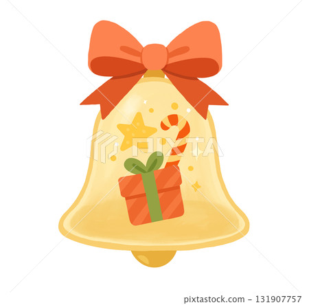 Festive Christmas bell with a Christmas gift and candy cane illustration Festive Christmas bell with a Christmas gift and candy cane illustration 131907757