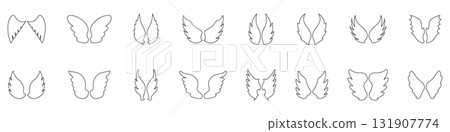 Angel Wings Line Icon Set. Spirituality, Freedom, And Fantasy Symbol Collection. Various Wing Designs For Mythical And Inspirational. Editable Stroke. Isolated Vector Illustration 131907774