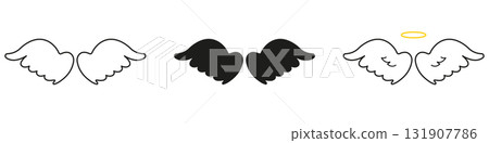 Angel Wings With Halo Line And Solid Icon Set. Spirituality, Protection, And Guardian Symbol Outline And Silhouette Symbol Collection. Isolated Vector Illustration 131907786