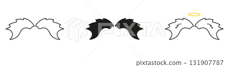 Cute Angel Wings With Halo Line And Solid Icon Set. Cartoon Feathered Elements For Divine Concepts Of Faith, Guidance, And Lightness. Symbol Collection. Isolated Vector Illustration 131907787