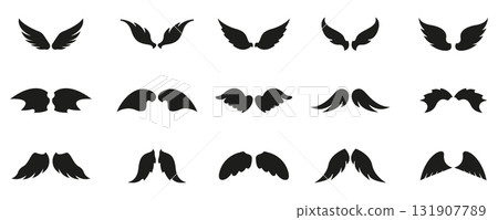 Mythical And Angelic Wings Solid Icon Set. Variety Of Wing Designs Symbolizing Fantasy, Freedom And Flight Elements. Silhouette Symbol Collection. Isolated Vector Illustration 131907789