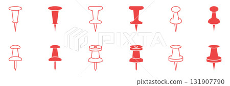 Push Pin Icon Set. Office Supplies, Bulletin Board, And Organization Tools Outline And Silhouette Symbol Collection. Stationery And Planning Essentials. Isolated Vector Illustration 131907790