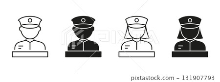 Police Officer And Nurse Icon Set. Law Enforcement And Healthcare Professional Silhouette Symbol Collection. Gender Representation In Uniforms. Isolated Vector Illustration 131907793