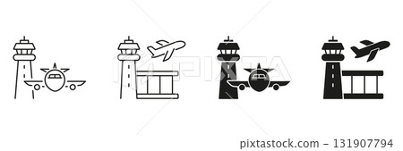Airport Control Tower And Airplane Icon Set. Aviation Management, Flight Operations, And Air Traffic Control Symbol Collection. Travel And Transportation Infrastructure. Isolated Vector Illustration 131907794