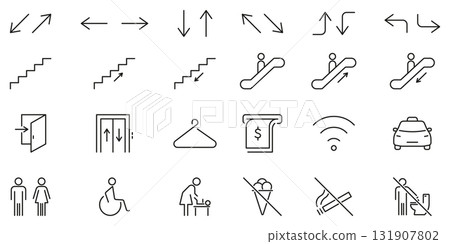 Directional And Facility Icons Set. Navigation, Accessibility and Public Amenities Outline Symbol Collection. Editable Stroke. Isolated Vector Illustration Directional And Facility Icons Set. Navigation, Accessibility and Public Amenities Outline Symbol Collection. Editable Stroke. Isolated Vector Illustration 131907802