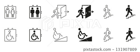 Elevator, Exit and Accessibility Icon Set. Public Facility Navigation And Accessibility Symbols Collection. Isolated Vector Illustration 131907809