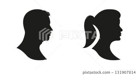 Elegant Side Profile Icons of Male and Female Characters Solid Icon Set. User Interface Silhouettes for Contact, Account and Identity Access Silhouette Symbol Set. Isolated Vector Illustration 131907814