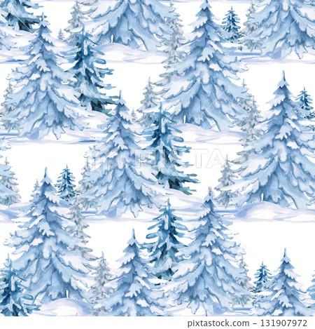 A seamless pattern with snow-covered winter trees. Watercolor illustration for wrapping paper, card printing, fabric, invitations, merchandise creation, children's clothing, and home decor. 131907972