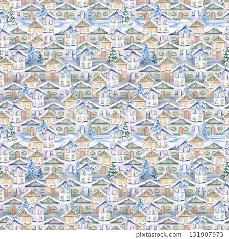 A seamless pattern with fairytale winter houses. This watercolor illustration is perfect for Christmas packaging design, textile printing, and fabric printing. 131907973