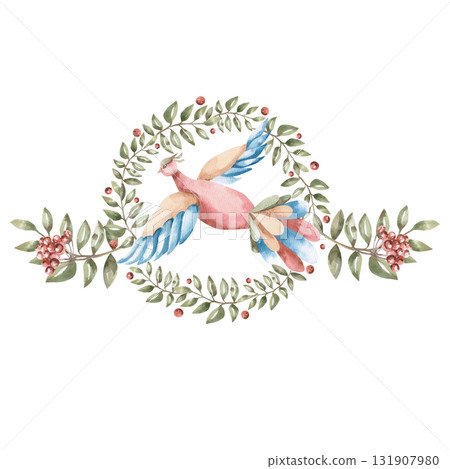 A flying fairytale bird against a background of rowan branches. Isolated watercolor illustration in a folk style for home textiles, interiors, posters, and invitations. 131907980