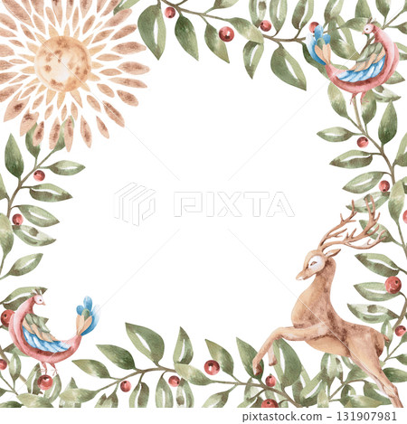 A square frame with a sun, fairytale flying birds, and a deer. Isolated watercolor illustration in a folk style for home textiles, interiors, posters, and invitations. 131907981