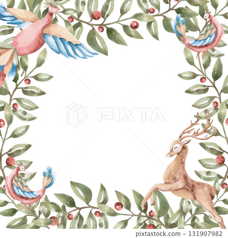 A square frame with branches and fairytale flying birds and a deer. Isolated watercolor illustration in a folk style for home textiles, interiors, posters, and invitations. A square frame with branches and fairytale flying birds and a deer. Isolated watercolor illustration in a folk style for home textiles, interiors, posters, and invitations. 131907982