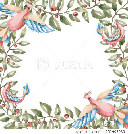 A square frame with curved branches and fairytale flying birds. Isolated watercolor illustration in a folk style for home textiles, interiors, posters, and invitations. A square frame with curved branches and fairytale flying birds. Isolated watercolor illustration in a folk style for home textiles, interiors, posters, and invitations. 131907983