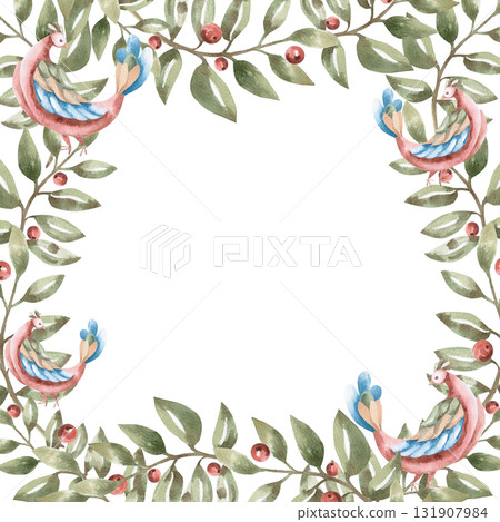 A square frame with curved branches and fairytale birds. Isolated watercolor illustration in a folk style for home textiles, interiors, posters, and invitations. A square frame with curved branches and fairytale birds. Isolated watercolor illustration in a folk style for home textiles, interiors, posters, and invitations. 131907984