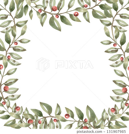 A square frame with curved branches and red berries. Isolated watercolor illustration of stylized branches for home textiles, interiors, posters, and invitations. A square frame with curved branches and red berries. Isolated watercolor illustration of stylized branches for home textiles, interiors, posters, and invitations. 131907985