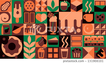 Mosaic seamless background with simple chocolate and sweets icons in geometric brutalist and mid-century modern style Mosaic seamless background with simple chocolate and sweets icons in geometric brutalist and mid-century modern style 131908101